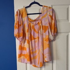 DR2 Orange and Pink Floral Puff-Sleeve Blouse